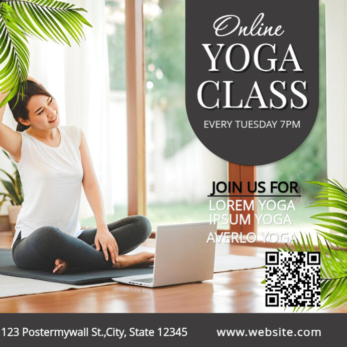 White  Online Yoga Class Flyer | Promote Weekly Virtual Yoga With Qr Code Instagram Post Wpis na Instagrama template